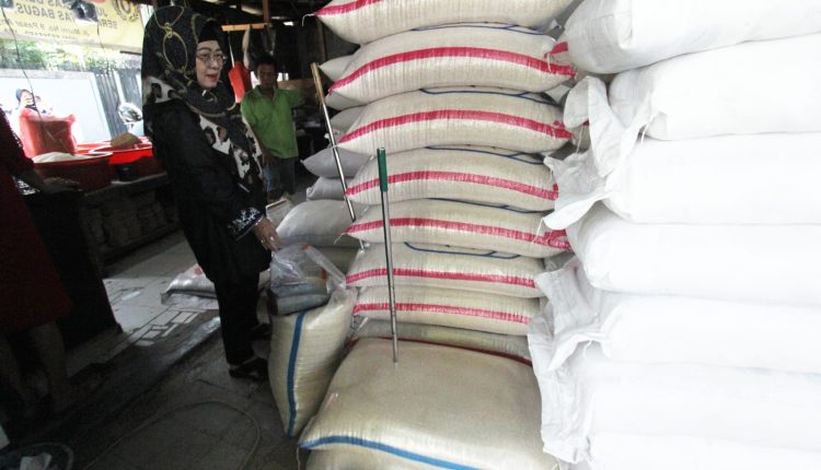 Tampak pembeli beras sedang memilih beras yang akan dibeli